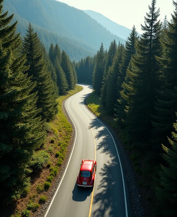 Luftaufnahme eines Oldtimers auf einer kurvigen Bergstraße im Wald.