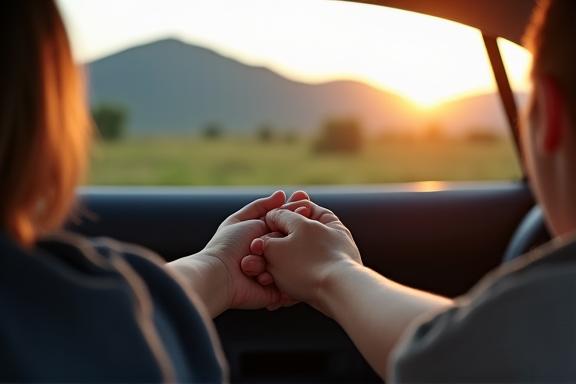 Nahaufnahme von zwei Händen, die sich im Auto halten, während die Landschaft vorbeizieht.