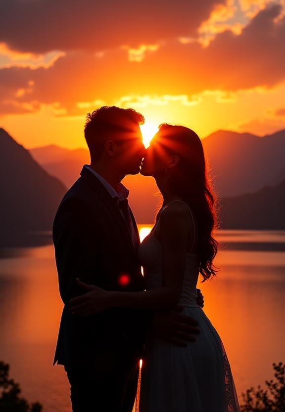 Silhouette eines Paares, das sich bei Sonnenuntergang küsst, mit Blick auf einen See.