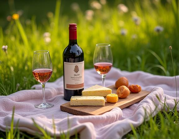 Detailaufnahme einer Picknickdecke mit Weinflasche, Gläsern und Käse in einer Wiese.