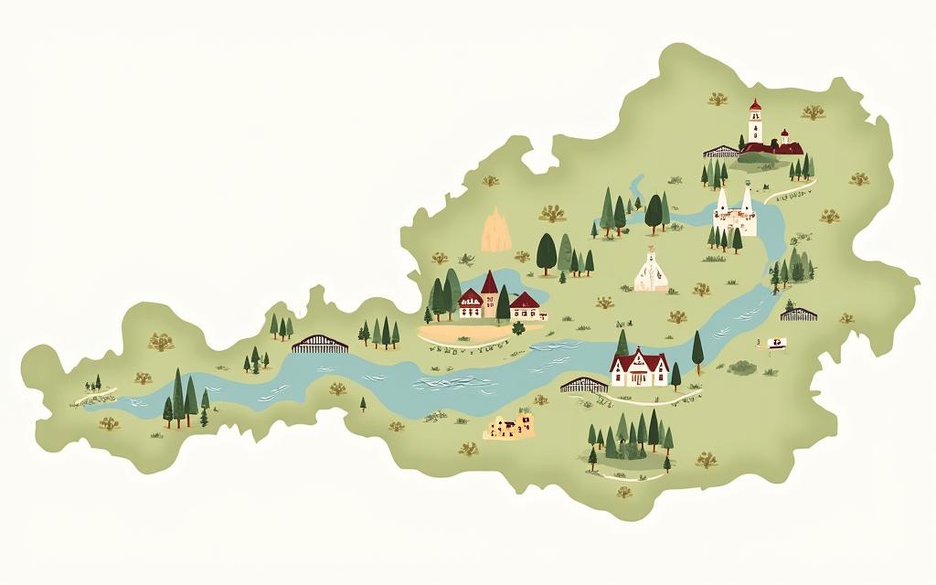 Illustrierte Landkarte von Österreich mit markierten Orten.