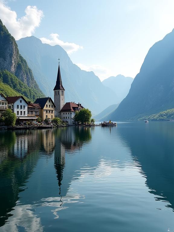 Blick auf den Hallstätter See mit dem Dorf Hallstatt im Hintergrund.